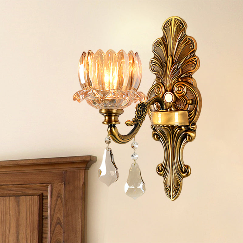 Mid Century Flower Shade Wall Sconce Light 1/2-Light Clear Glass Wall Mount Lamp in Brass 1.0 Brass Clearhalo 'Wall Lamps & Sconces' 'Wall Lights' Lighting' 1062806