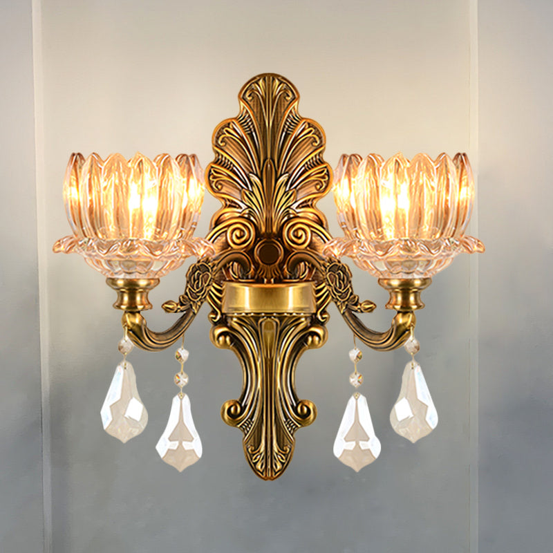 Mid Century Flower Shade Wall Sconce Light 1/2-Light Clear Glass Wall Mount Lamp in Brass 2.0 Brass Clearhalo 'Wall Lamps & Sconces' 'Wall Lights' Lighting' 1062810