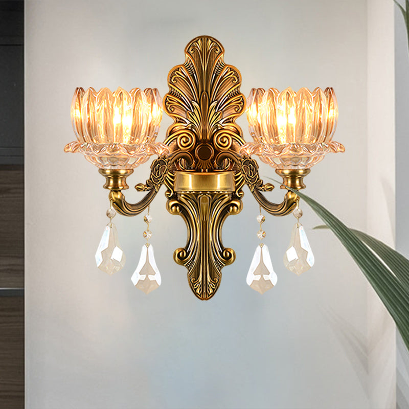 Mid Century Flower Shade Wall Sconce Light 1/2-Light Clear Glass Wall Mount Lamp in Brass Clearhalo 'Wall Lamps & Sconces' 'Wall Lights' Lighting' 1062811