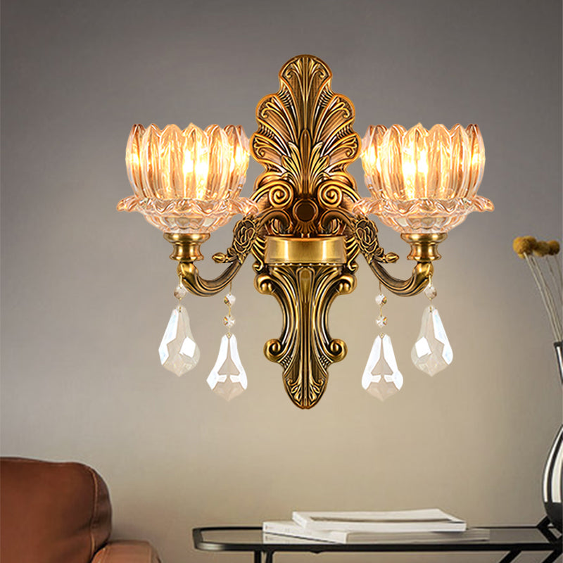 Mid Century Flower Shade Wall Sconce Light 1/2-Light Clear Glass Wall Mount Lamp in Brass Clearhalo 'Wall Lamps & Sconces' 'Wall Lights' Lighting' 1062812