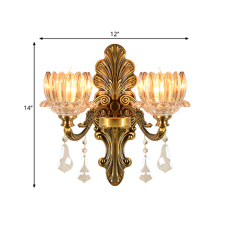 Mid Century Flower Shade Wall Sconce Light 1/2-Light Clear Glass Wall Mount Lamp in Brass Clearhalo 'Wall Lamps & Sconces' 'Wall Lights' Lighting' 1062814