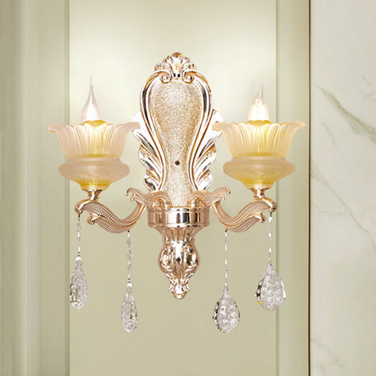 Ribbed Glass Flower Shade Sconce Lamp Mid Century 2 Lights Indoor Wall Mounted Lighting in Gold Clearhalo 'Wall Lamps & Sconces' 'Wall Lights' Lighting' 1062825