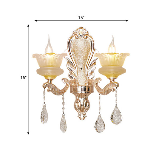 Ribbed Glass Flower Shade Sconce Lamp Mid Century 2 Lights Indoor Wall Mounted Lighting in Gold Clearhalo 'Wall Lamps & Sconces' 'Wall Lights' Lighting' 1062827