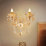 2 Heads Faceted Crystal Wall Mounted Light Modernist Gold Flower Bedroom Wall Lamp Sconce Gold Clearhalo 'Modern wall lights' 'Modern' 'Wall Lamps & Sconces' 'Wall Lights' Lighting' 1062828
