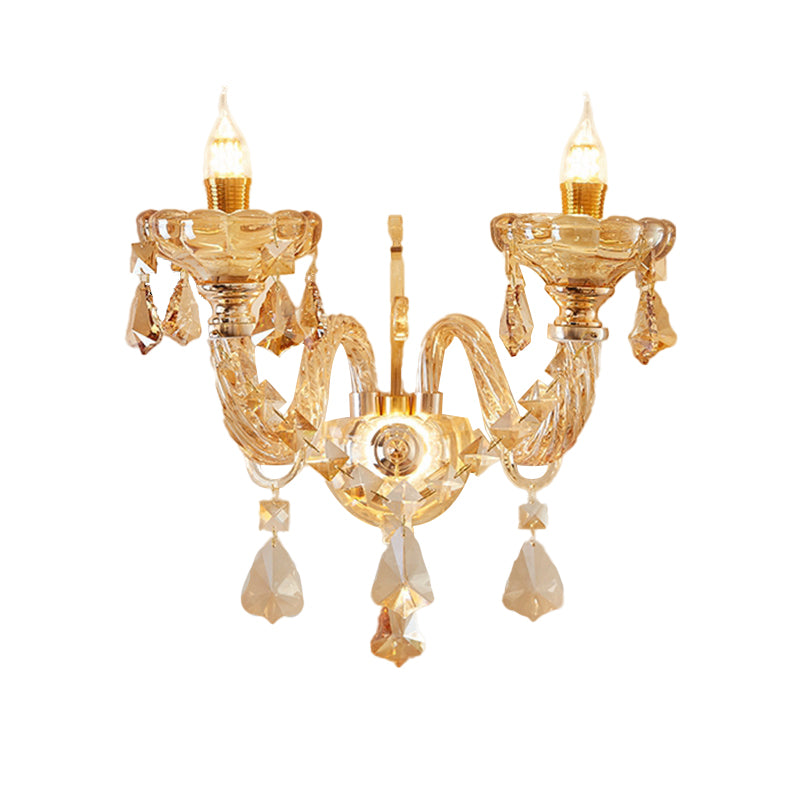 2 Heads Faceted Crystal Wall Mounted Light Modernist Gold Flower Bedroom Wall Lamp Sconce Clearhalo 'Modern wall lights' 'Modern' 'Wall Lamps & Sconces' 'Wall Lights' Lighting' 1062829