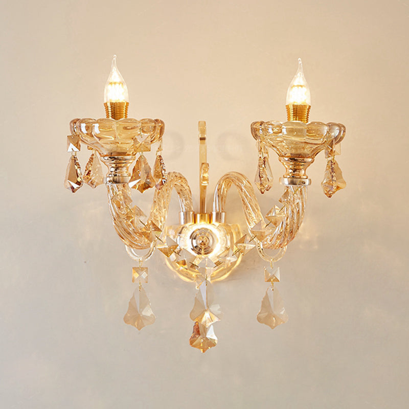 2 Heads Faceted Crystal Wall Mounted Light Modernist Gold Flower Bedroom Wall Lamp Sconce Clearhalo 'Modern wall lights' 'Modern' 'Wall Lamps & Sconces' 'Wall Lights' Lighting' 1062830