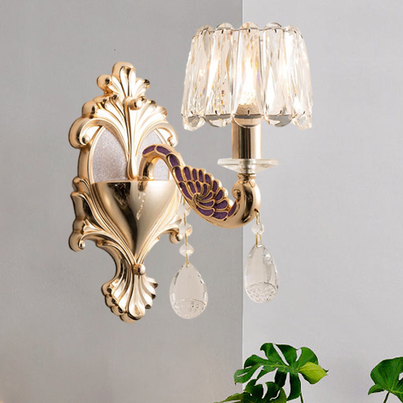 Gold Single Bulb Wall Sconce Light Modernism Crystal Block Small Drum Shade Wall Lamp Gold Clearhalo 'Cast Iron' 'Glass' 'Industrial' 'Modern wall lights' 'Modern' 'Tiffany' 'Traditional wall lights' 'Wall Lamps & Sconces' 'Wall Lights' Lighting' 1062836