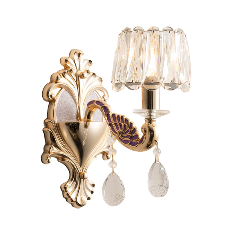 Gold Single Bulb Wall Sconce Light Modernism Crystal Block Small Drum Shade Wall Lamp Clearhalo 'Cast Iron' 'Glass' 'Industrial' 'Modern wall lights' 'Modern' 'Tiffany' 'Traditional wall lights' 'Wall Lamps & Sconces' 'Wall Lights' Lighting' 1062838