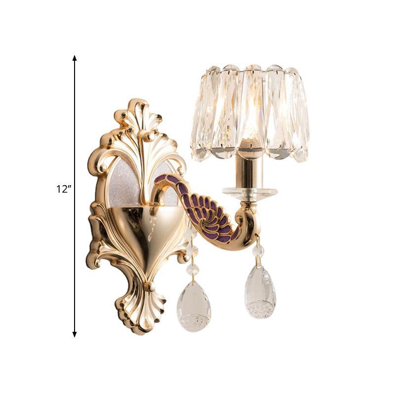 Gold Single Bulb Wall Sconce Light Modernism Crystal Block Small Drum Shade Wall Lamp Clearhalo 'Cast Iron' 'Glass' 'Industrial' 'Modern wall lights' 'Modern' 'Tiffany' 'Traditional wall lights' 'Wall Lamps & Sconces' 'Wall Lights' Lighting' 1062839