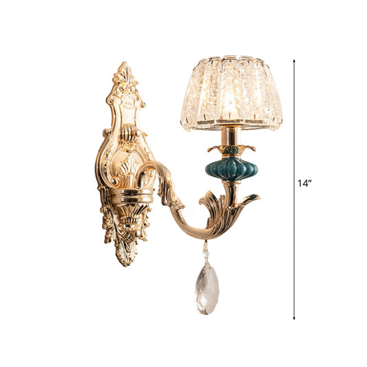 Gold Small Drum Wall Mount Lighting Traditional Seedy Crystal 1/2-Bulb Bedroom Wall Lamp Fixture Clearhalo 'Cast Iron' 'Glass' 'Industrial' 'Modern wall lights' 'Modern' 'Tiffany' 'Traditional wall lights' 'Wall Lamps & Sconces' 'Wall Lights' Lighting' 1062843