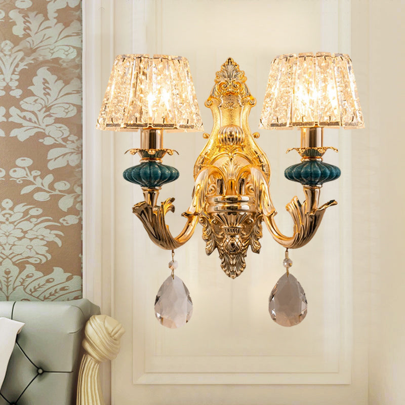 Gold Small Drum Wall Mount Lighting Traditional Seedy Crystal 1/2-Bulb Bedroom Wall Lamp Fixture 2.0 Gold Clearhalo 'Cast Iron' 'Glass' 'Industrial' 'Modern wall lights' 'Modern' 'Tiffany' 'Traditional wall lights' 'Wall Lamps & Sconces' 'Wall Lights' Lighting' 1062844