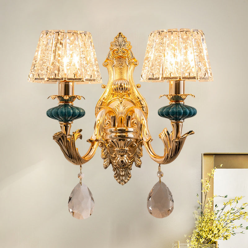 Gold Small Drum Wall Mount Lighting Traditional Seedy Crystal 1/2-Bulb Bedroom Wall Lamp Fixture Clearhalo 'Cast Iron' 'Glass' 'Industrial' 'Modern wall lights' 'Modern' 'Tiffany' 'Traditional wall lights' 'Wall Lamps & Sconces' 'Wall Lights' Lighting' 1062845