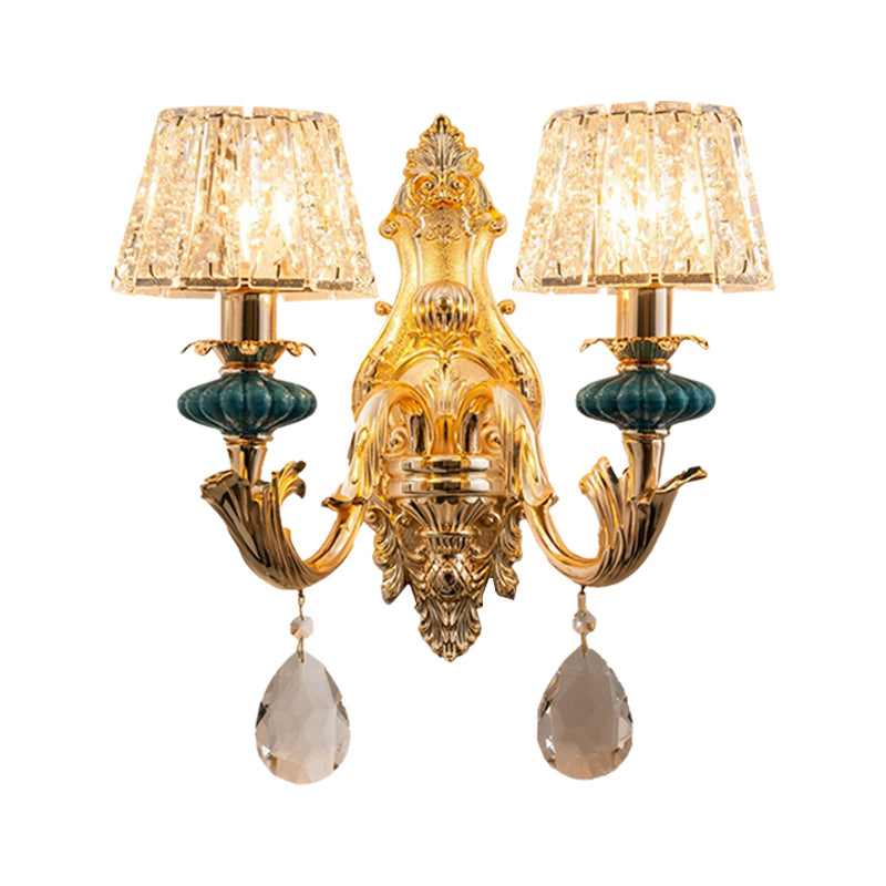Gold Small Drum Wall Mount Lighting Traditional Seedy Crystal 1/2-Bulb Bedroom Wall Lamp Fixture Clearhalo 'Cast Iron' 'Glass' 'Industrial' 'Modern wall lights' 'Modern' 'Tiffany' 'Traditional wall lights' 'Wall Lamps & Sconces' 'Wall Lights' Lighting' 1062846