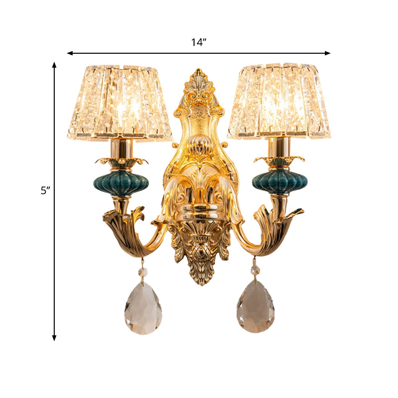 Gold Small Drum Wall Mount Lighting Traditional Seedy Crystal 1/2-Bulb Bedroom Wall Lamp Fixture Clearhalo 'Cast Iron' 'Glass' 'Industrial' 'Modern wall lights' 'Modern' 'Tiffany' 'Traditional wall lights' 'Wall Lamps & Sconces' 'Wall Lights' Lighting' 1062848