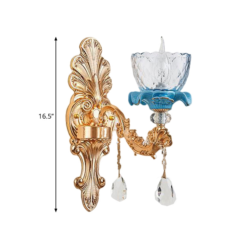 Clear Latticed Glass Flower Sconce Lamp Mid Century 1/2-Head Living Room Wall Mounted Lamp in Gold Clearhalo 'Wall Lamps & Sconces' 'Wall Lights' Lighting' 1062852