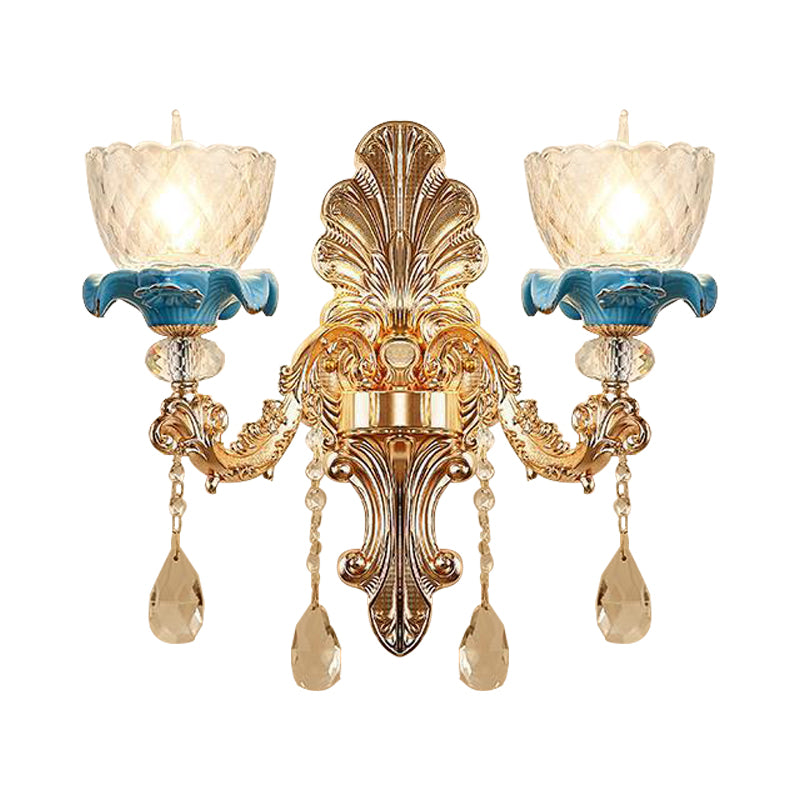 Clear Latticed Glass Flower Sconce Lamp Mid Century 1/2-Head Living Room Wall Mounted Lamp in Gold Clearhalo 'Wall Lamps & Sconces' 'Wall Lights' Lighting' 1062856