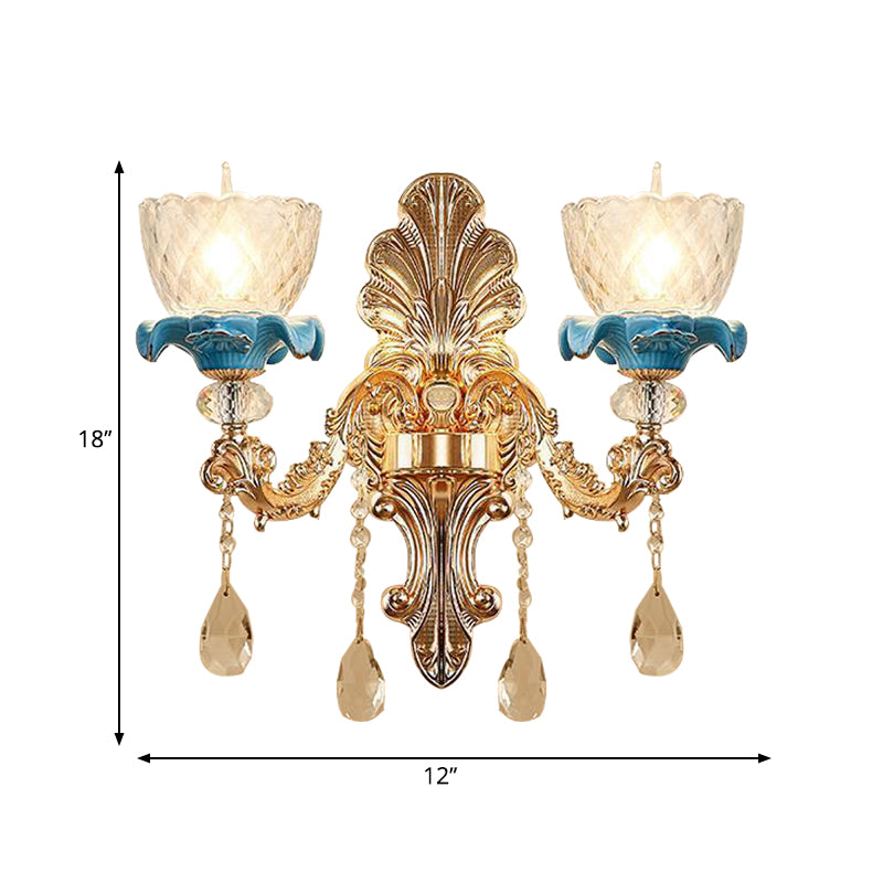 Clear Latticed Glass Flower Sconce Lamp Mid Century 1/2-Head Living Room Wall Mounted Lamp in Gold Clearhalo 'Wall Lamps & Sconces' 'Wall Lights' Lighting' 1062857