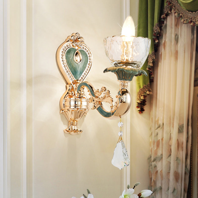 Blue and Gold Single Sconce Light Fixture Traditional Crystal Curved Arm Wall Lighting Idea Green Clearhalo 'Wall Lamps & Sconces' 'Wall Lights' Lighting' 1062858