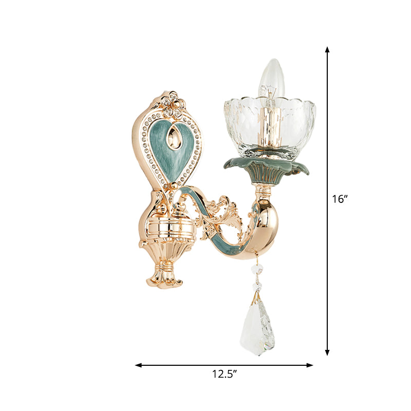 Blue and Gold Single Sconce Light Fixture Traditional Crystal Curved Arm Wall Lighting Idea Clearhalo 'Wall Lamps & Sconces' 'Wall Lights' Lighting' 1062861