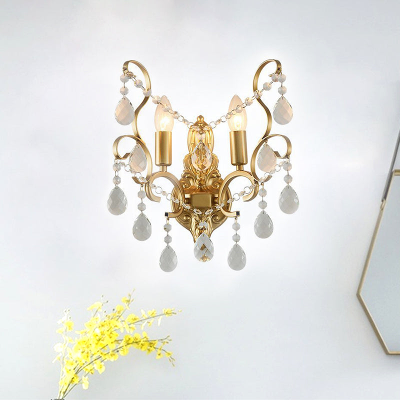 Metal Candle Wall Lamp Fixture Traditional 1/2-Light Living Room Wall Mount Light with Crystal Swag Accent 2.0 Gold Clearhalo 'Modern wall lights' 'Modern' 'Wall Lamps & Sconces' 'Wall Lights' Lighting' 1062862