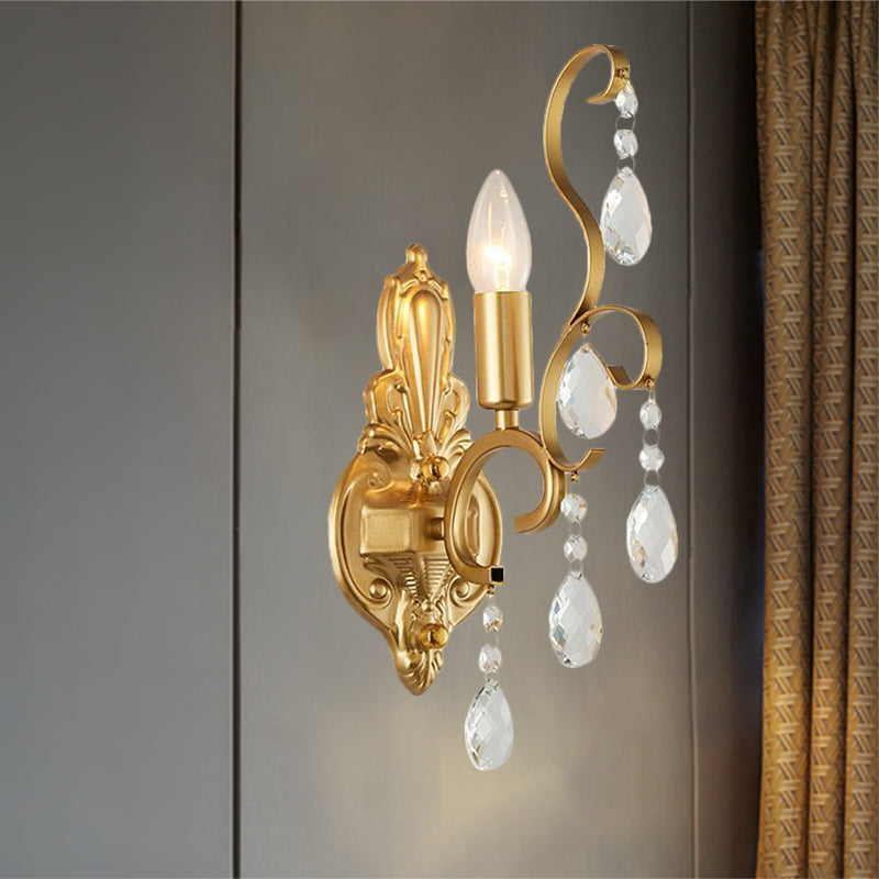 Metal Candle Wall Lamp Fixture Traditional 1/2-Light Living Room Wall Mount Light with Crystal Swag Accent 1.0 Gold Clearhalo 'Modern wall lights' 'Modern' 'Wall Lamps & Sconces' 'Wall Lights' Lighting' 1062866