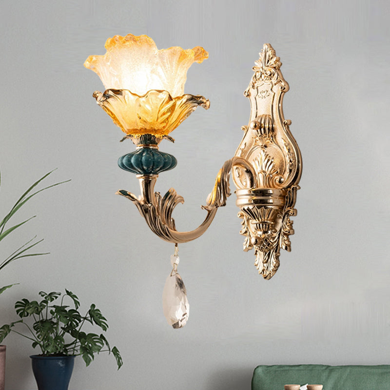 1 Light Wall Lighting with Floral Shade Amber Crystal Traditional Bedside Wall Mounted Lamp in Gold Gold Clearhalo 'Wall Lamps & Sconces' 'Wall Lights' Lighting' 1062871