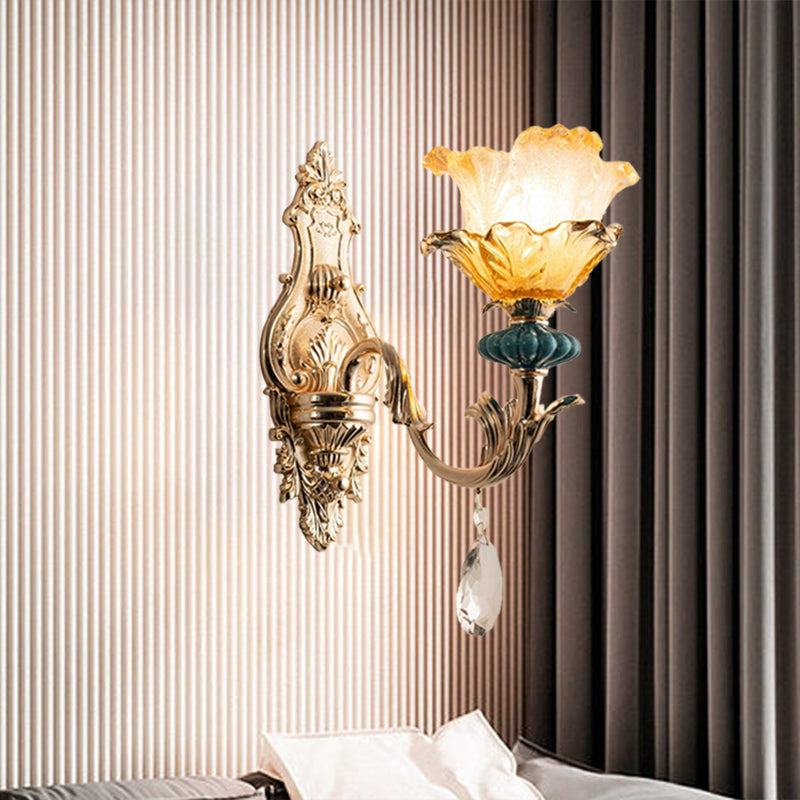 1 Light Wall Lighting with Floral Shade Amber Crystal Traditional Bedside Wall Mounted Lamp in Gold Clearhalo 'Wall Lamps & Sconces' 'Wall Lights' Lighting' 1062872