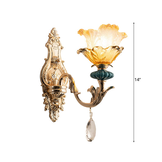 1 Light Wall Lighting with Floral Shade Amber Crystal Traditional Bedside Wall Mounted Lamp in Gold Clearhalo 'Wall Lamps & Sconces' 'Wall Lights' Lighting' 1062874