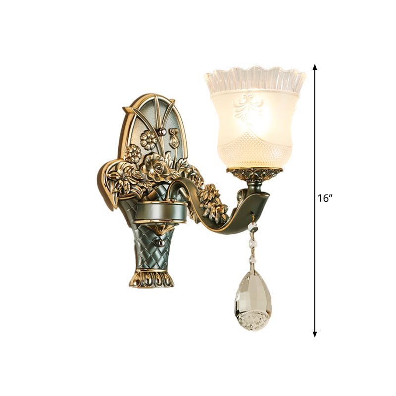 Single Bulb Sconce with Flower Shade Clear Latticed Glass Mid Century Bedside Wall Lamp Fixture in Green Clearhalo 'Wall Lamps & Sconces' 'Wall Lights' Lighting' 1062878