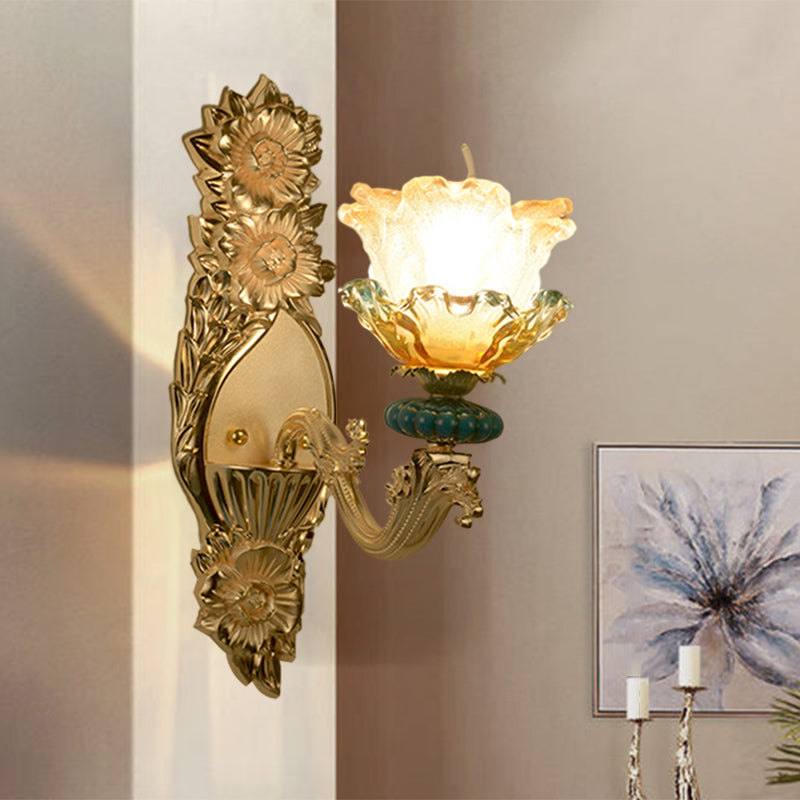 Amber and Clear Glass Gold Wall Lamp Floral Shade Single Light Mid-Century Wall Sconce Gold Clearhalo 'Wall Lamps & Sconces' 'Wall Lights' Lighting' 1062883