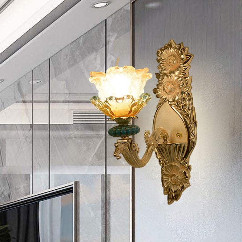 Amber and Clear Glass Gold Wall Lamp Floral Shade Single Light Mid-Century Wall Sconce Clearhalo 'Wall Lamps & Sconces' 'Wall Lights' Lighting' 1062884