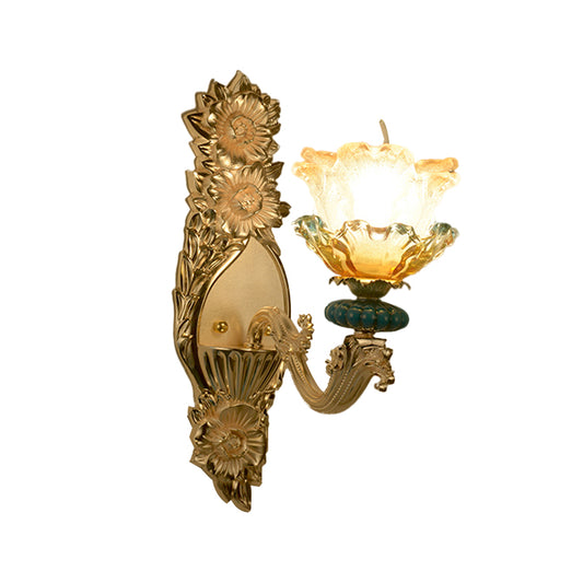 Amber and Clear Glass Gold Wall Lamp Floral Shade Single Light Mid-Century Wall Sconce Clearhalo 'Wall Lamps & Sconces' 'Wall Lights' Lighting' 1062885