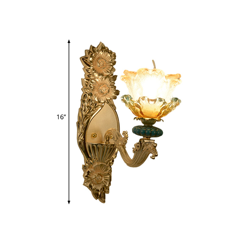 Amber and Clear Glass Gold Wall Lamp Floral Shade Single Light Mid-Century Wall Sconce Clearhalo 'Wall Lamps & Sconces' 'Wall Lights' Lighting' 1062886