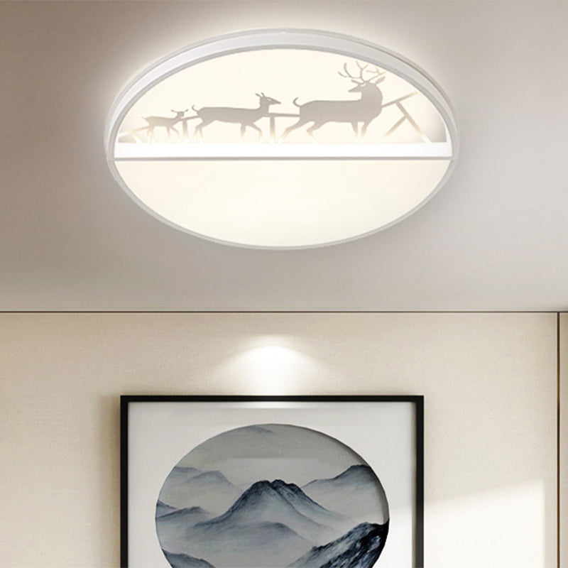 Circle Flush Mount Recessed Lighting Nordic Acrylic Bedroom LED Ceiling Lamp with Deer Silhouette in Grey/Black/White White Clearhalo 'Ceiling Lights' 'Close To Ceiling Lights' 'Close to ceiling' 'Flush mount' Lighting' 1062907