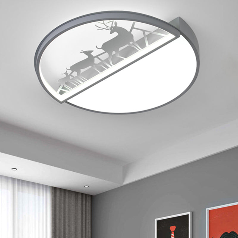 Circle Flush Mount Recessed Lighting Nordic Acrylic Bedroom LED Ceiling Lamp with Deer Silhouette in Grey/Black/White Clearhalo 'Ceiling Lights' 'Close To Ceiling Lights' 'Close to ceiling' 'Flush mount' Lighting' 1062913