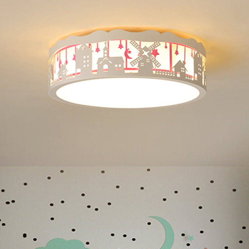 Cartoon House Patterned Drum Flushmount Iron Kids Playroom LED Ceiling Mount Lamp in Warm/White Light Pink Clearhalo 'Ceiling Lights' 'Close To Ceiling Lights' 'Close to ceiling' 'Flush mount' Lighting' 1062943