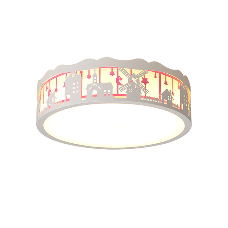 Cartoon House Patterned Drum Flushmount Iron Kids Playroom LED Ceiling Mount Lamp in Warm/White Light Clearhalo 'Ceiling Lights' 'Close To Ceiling Lights' 'Close to ceiling' 'Flush mount' Lighting' 1062946