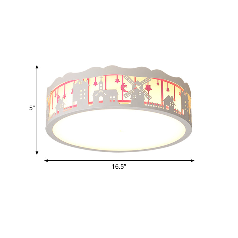 Cartoon House Patterned Drum Flushmount Iron Kids Playroom LED Ceiling Mount Lamp in Warm/White Light Clearhalo 'Ceiling Lights' 'Close To Ceiling Lights' 'Close to ceiling' 'Flush mount' Lighting' 1062947