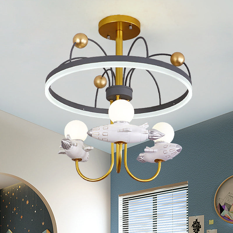 Rocket and Orbit Resin Semi Flush Chandelier Kid 3-Bulb Gold and Grey Ceiling Flush Mount Gold Clearhalo 'Ceiling Lights' 'Close To Ceiling Lights' 'Close to ceiling' 'Semi-flushmount' Lighting' 1062964