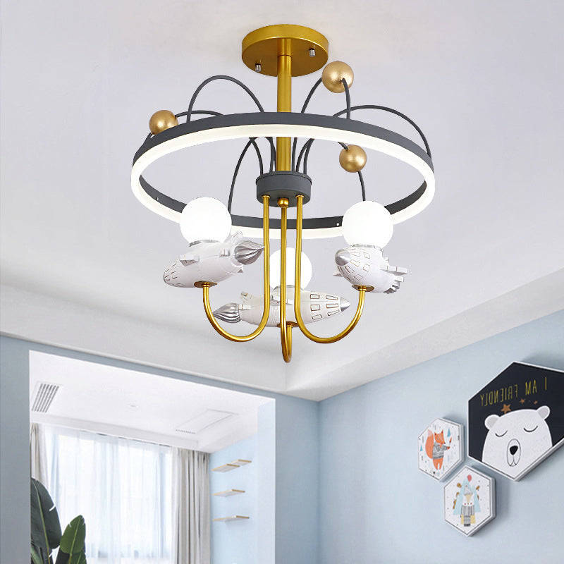 Rocket and Orbit Resin Semi Flush Chandelier Kid 3-Bulb Gold and Grey Ceiling Flush Mount Clearhalo 'Ceiling Lights' 'Close To Ceiling Lights' 'Close to ceiling' 'Semi-flushmount' Lighting' 1062965