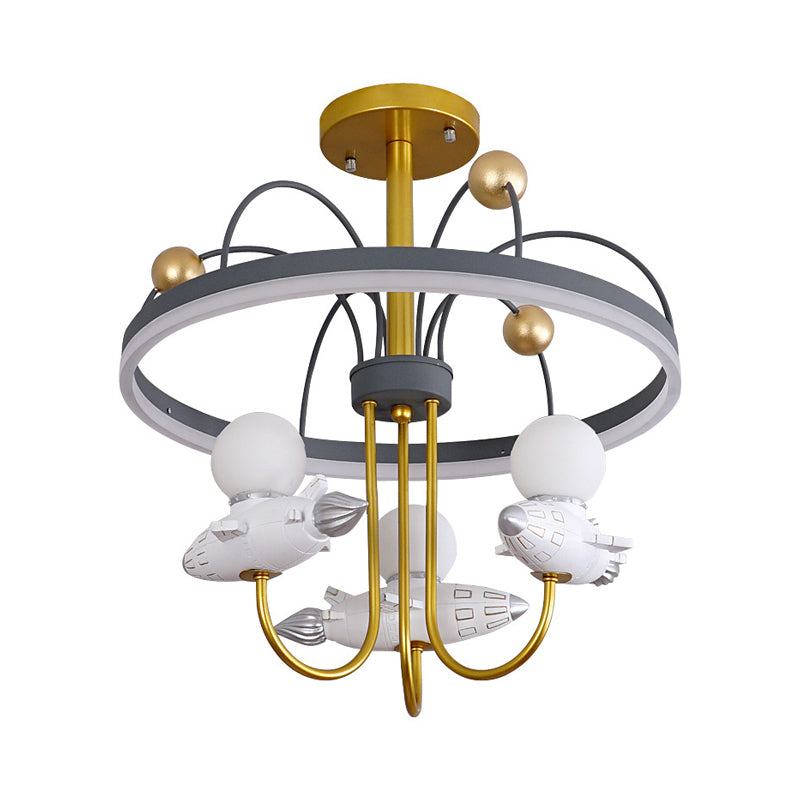 Rocket and Orbit Resin Semi Flush Chandelier Kid 3-Bulb Gold and Grey Ceiling Flush Mount Clearhalo 'Ceiling Lights' 'Close To Ceiling Lights' 'Close to ceiling' 'Semi-flushmount' Lighting' 1062966