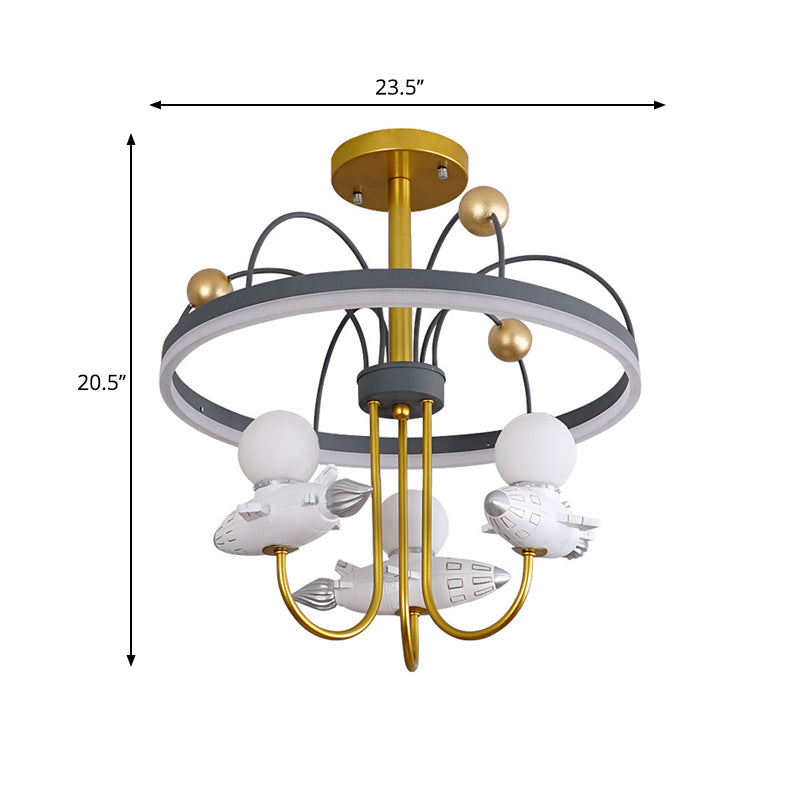 Rocket and Orbit Resin Semi Flush Chandelier Kid 3-Bulb Gold and Grey Ceiling Flush Mount Clearhalo 'Ceiling Lights' 'Close To Ceiling Lights' 'Close to ceiling' 'Semi-flushmount' Lighting' 1062967