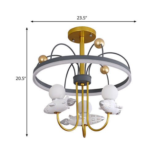 Rocket and Orbit Resin Semi Flush Chandelier Kid 3-Bulb Gold and Grey Ceiling Flush Mount Clearhalo 'Ceiling Lights' 'Close To Ceiling Lights' 'Close to ceiling' 'Semi-flushmount' Lighting' 1062967