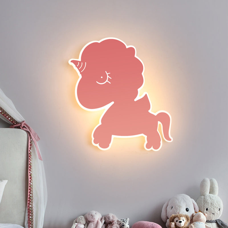 Unicorn Wall Mounted Light Fixture Cartoon Iron Pink/Blue/White LED Flush Mount Sconce for Nursery Pink Clearhalo 'Wall Lamps & Sconces' 'Wall Lights' Lighting' 1063001