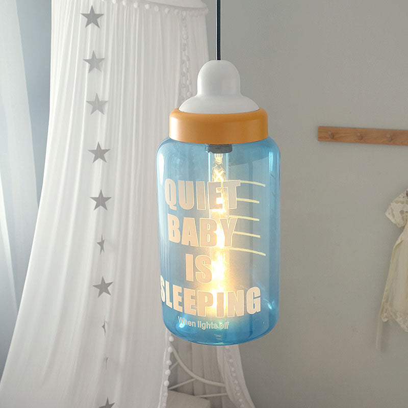 Kids Style Milk Bottle Drop Pendant Blue Glass 1-Head Baby Room Hanging Ceiling Light Clearhalo 'Ceiling Lights' 'Glass shade' 'Glass' 'Pendant Lights' 'Pendants' Lighting' 1063030