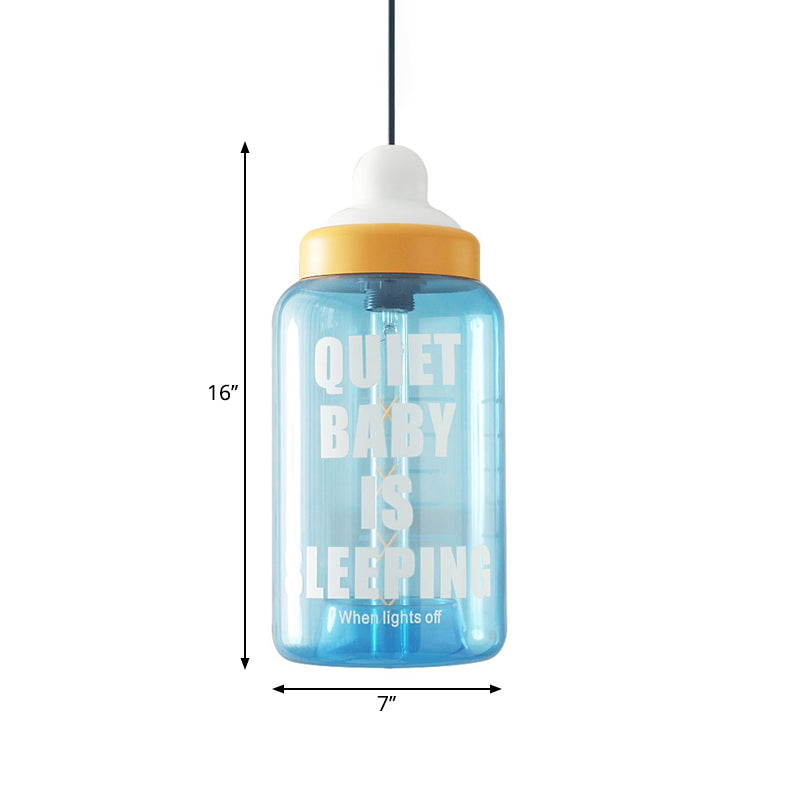 Kids Style Milk Bottle Drop Pendant Blue Glass 1-Head Baby Room Hanging Ceiling Light Clearhalo 'Ceiling Lights' 'Glass shade' 'Glass' 'Pendant Lights' 'Pendants' Lighting' 1063032