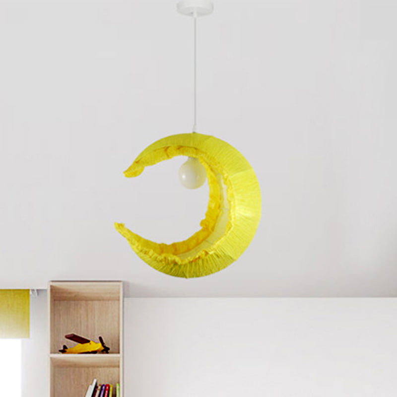 Yellow Crescent Pendulum Light Macaron 1-Light Fabric Hanging Pendant over Table, 12"/16" Width Yellow Clearhalo 'Ceiling Lights' 'Pendant Lights' 'Pendants' Lighting' 1063033_18a5928b-0968-4627-94ce-49a5330c1bf6
