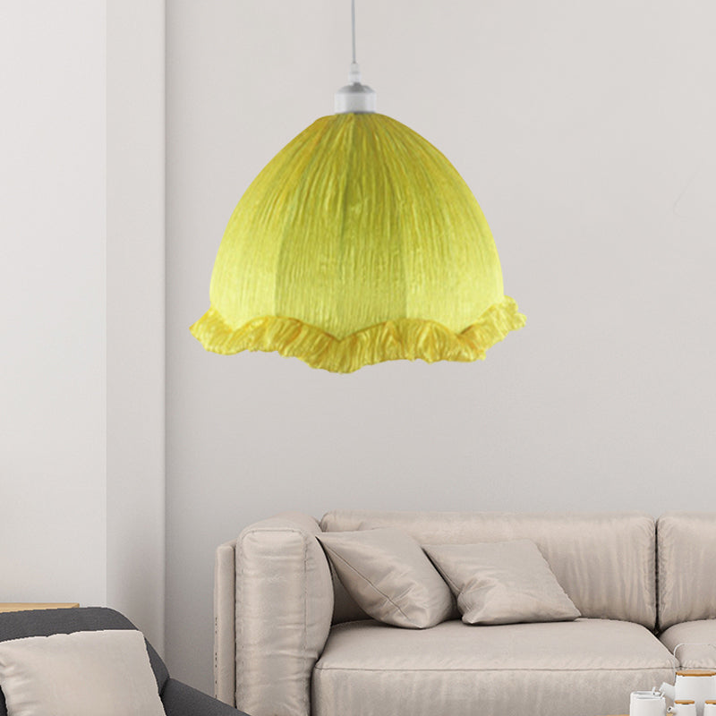 Dome Bedside Down Lighting Pendant Fabric 1 Bulb 12"/16" Wide Modern Hanging Lamp with Scalloped Trim in Yellow Clearhalo 'Ceiling Lights' 'Pendant Lights' 'Pendants' Lighting' 1063039