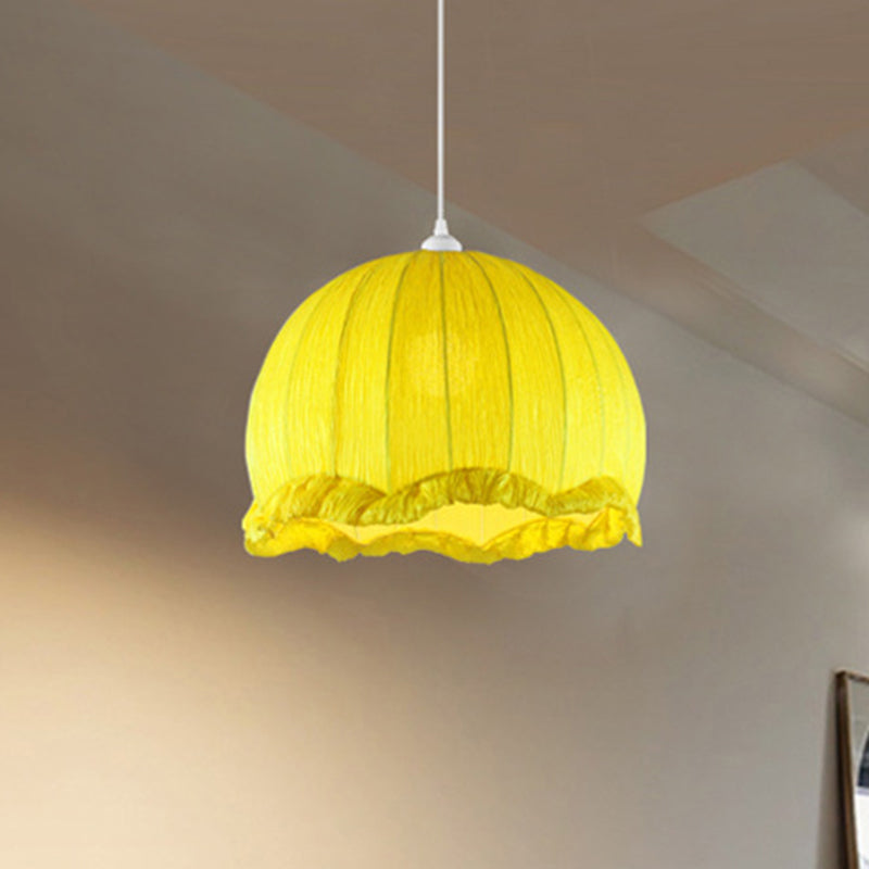 Dome Bedside Down Lighting Pendant Fabric 1 Bulb 12"/16" Wide Modern Hanging Lamp with Scalloped Trim in Yellow Clearhalo 'Ceiling Lights' 'Pendant Lights' 'Pendants' Lighting' 1063042