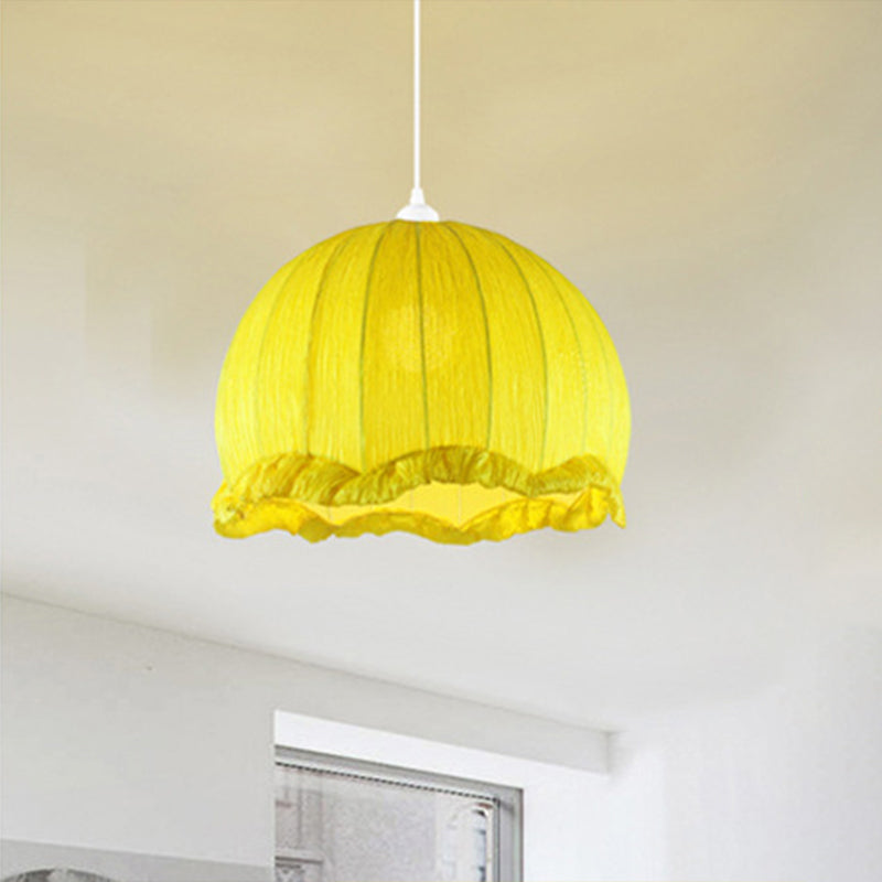Dome Bedside Down Lighting Pendant Fabric 1 Bulb 12"/16" Wide Modern Hanging Lamp with Scalloped Trim in Yellow Clearhalo 'Ceiling Lights' 'Pendant Lights' 'Pendants' Lighting' 1063043